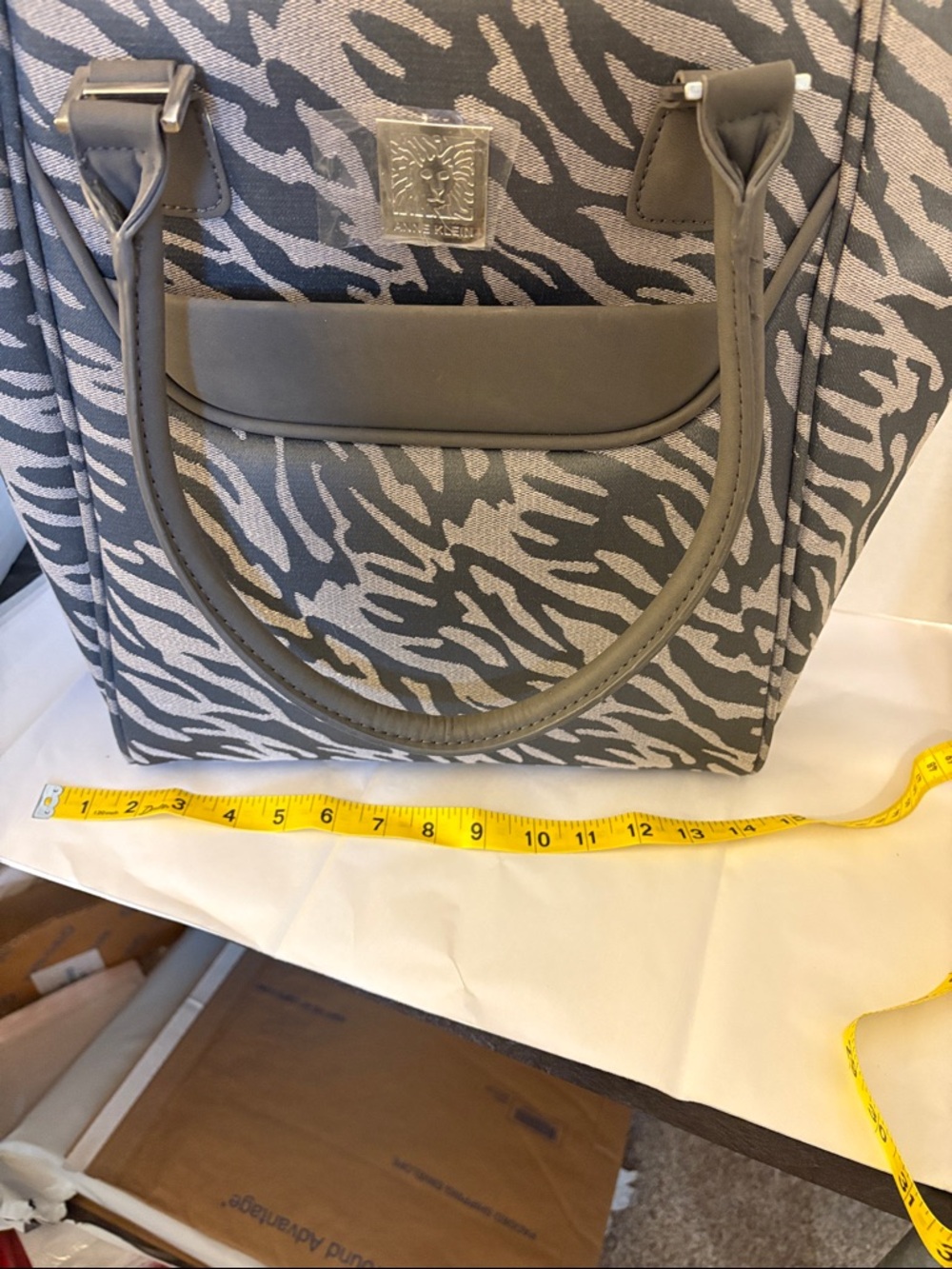 Anne Klein Gray and Taupe Zebra-Print Tote with Logo Plaque - Picture 3 of 6